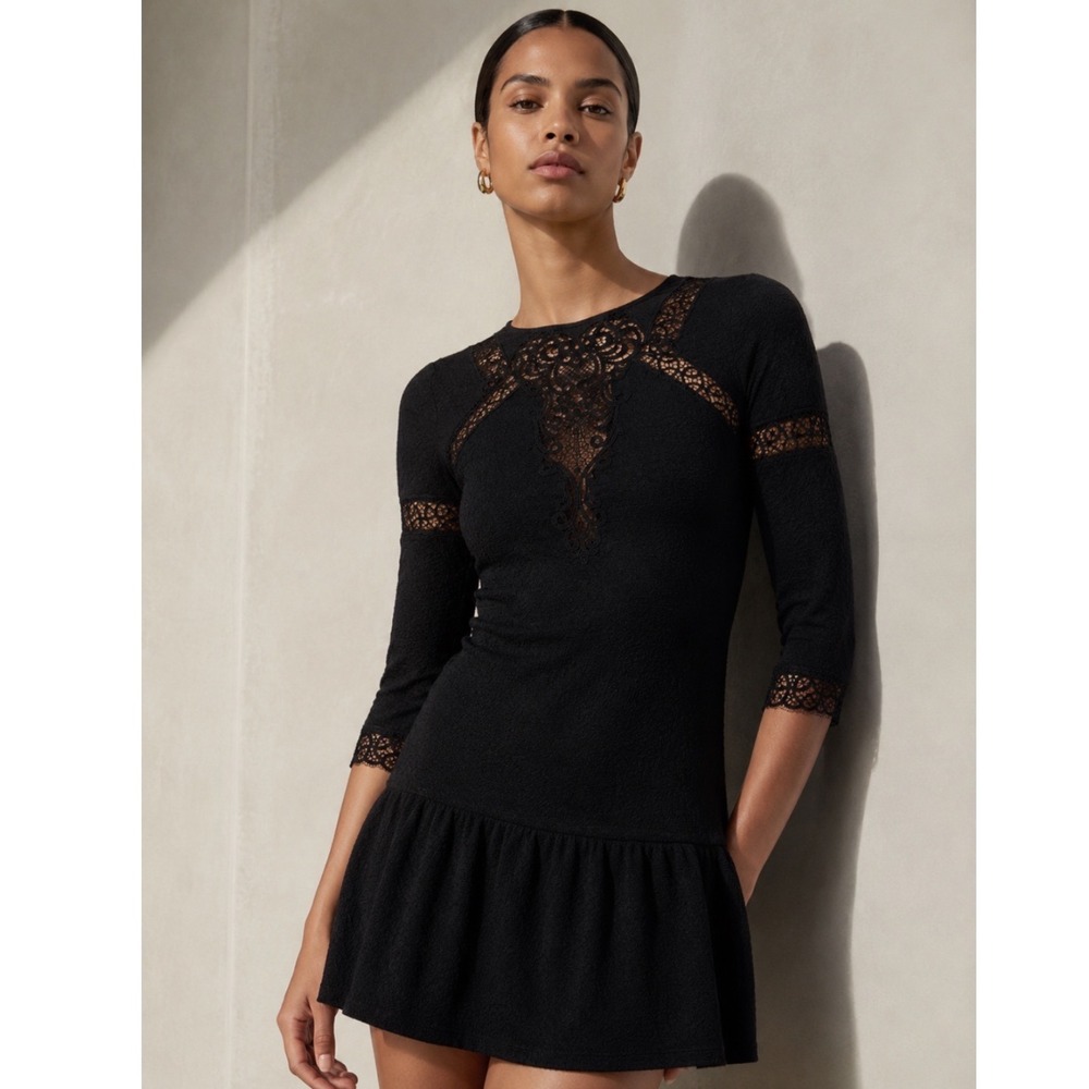 The Kooples Lace Inset Mini Dress Women XS Black Sleeve Textured Cocktail